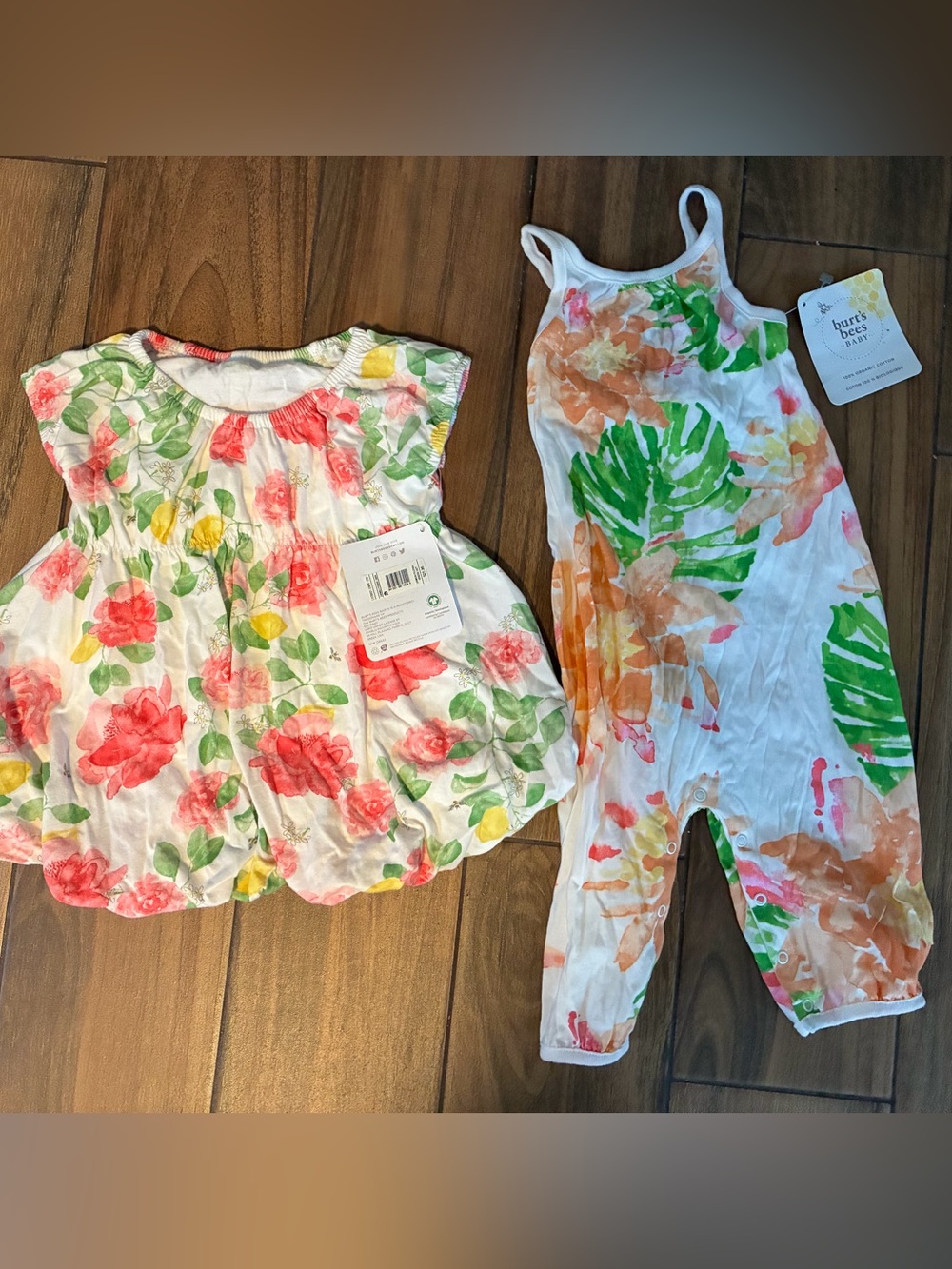 Floral Baby Dress & Tropical Romper Set - White, Pink, Green Organic Cotton